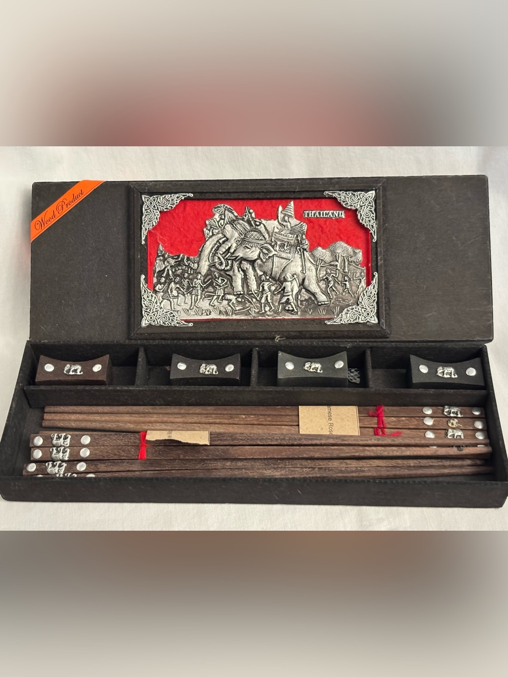 Vintage Thailand Siamese Rosewood Chopsticks & Rests Boxed Souvenir Gift Set